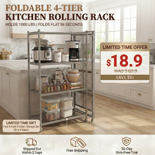 MonoLiving   Foldable 4-Tier Heavy-Duty Rolling Storage Rack