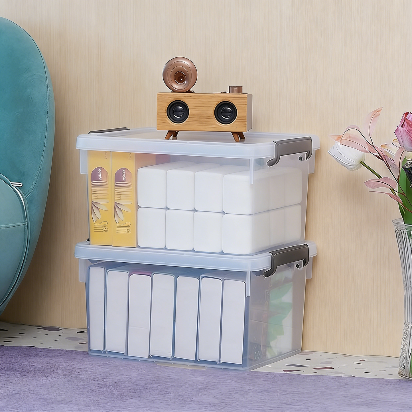 Clear Plastic Storage Bin with Secure Buckle Latches (4-Pack)